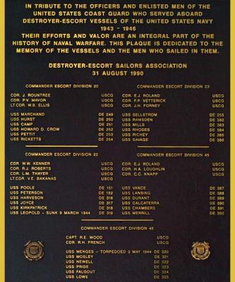 2002 - Plaque honoring Coast Guard personnel who served on Destroyer-Escorts during World War II photo #1843