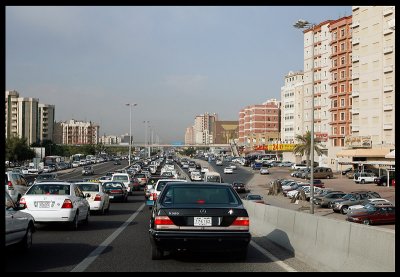 Early morning traffic jam at highway five