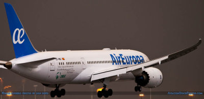 Air Europa B787-8 Dreamliner EC-MIG about to touch down on runway 9 at MIA aviation airline stock photo