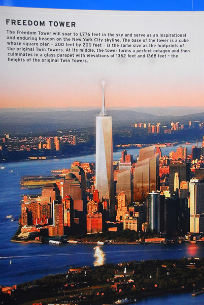 Freedom Tower, to be 1776 ft tall, about 400 ft taller than the original Twin Towers