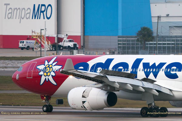 2015 - Edelweiss Air Airbus A330-343 HB-JHQ rare landing roll out on runway 1-R at Tampa aviation stock photo #9350