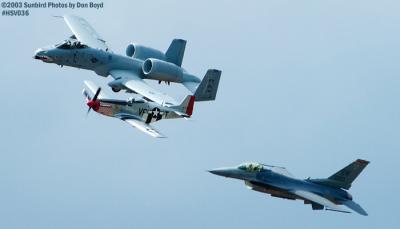 Heritage Flight with Humberto Lobo's P-51 Shangri-La  XB-HVL, USAF A-10A AF81-964 and USAF F-16 AF98-003 aviation stock #3721