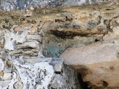 Detail above the door of the Watch Tower Temple showing original blue colour